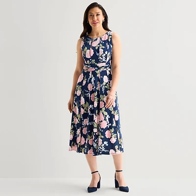 Perceptions Womens Midi Round Neck Sleeveless Floral Fit + Flare Dress
