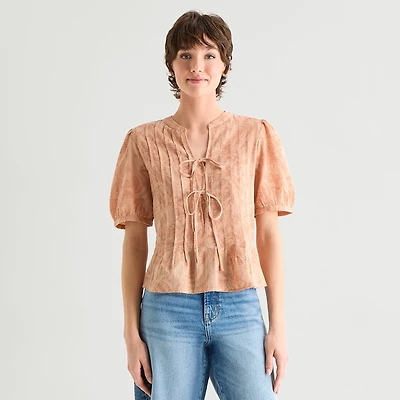 A.N.A Womens Y Neck Short Sleeve Blouse