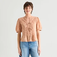 A.N.A Womens Y Neck Short Sleeve Blouse