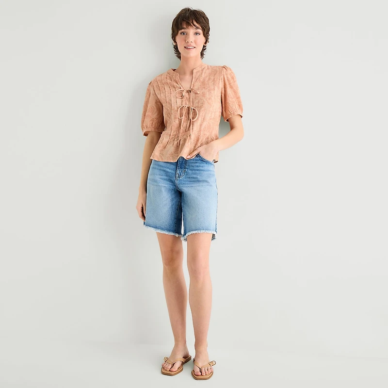 A.N.A Womens Y Neck Short Sleeve Blouse
