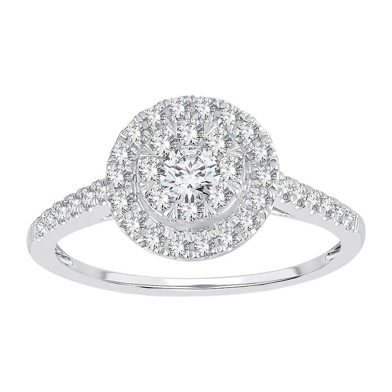 Womens 1/ CT. T.W. Natural White Diamond 14K Gold Round Side Stone Halo Engagement Ring