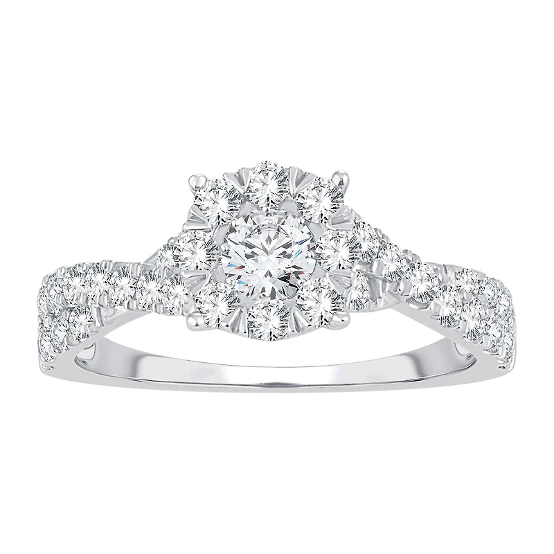 Womens 1 CT. T.W. Natural White Diamond 14K Gold Round Side Stone Halo Engagement Ring