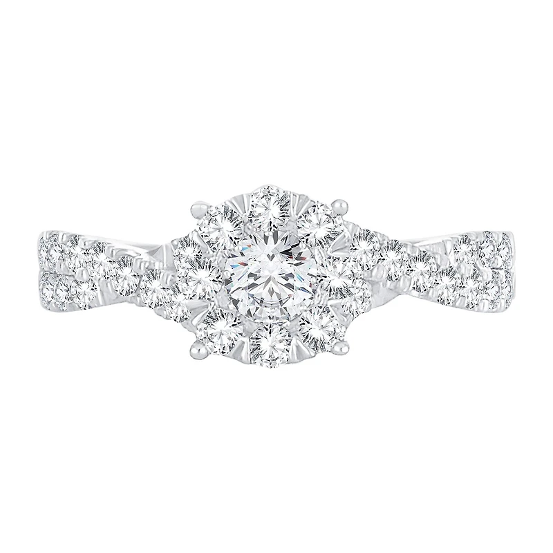 Womens 1 CT. T.W. Natural White Diamond 14K Gold Round Side Stone Halo Engagement Ring