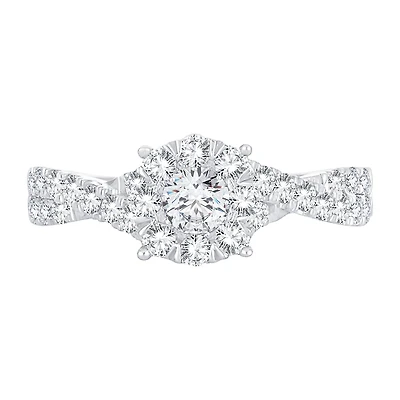 Womens 1 CT. T.W. Natural White Diamond 14K Gold Round Side Stone Halo Engagement Ring