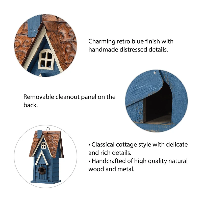 Glitzhome 12"H Retro Blue Distressed Solid Wood Bird House