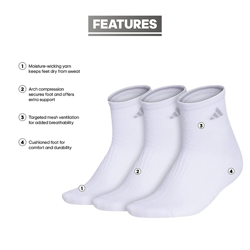 adidas Cushioned Womens 3 Pair Quarter Ankle Socks