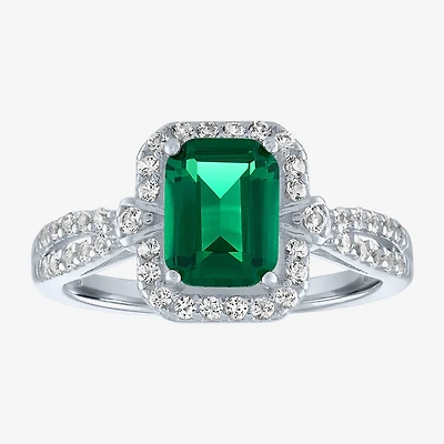 Womens Lab Created Green Emerald Sterling Silver Cocktail Ring
