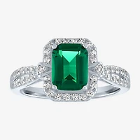 Womens Lab Created Green Emerald Sterling Silver Cocktail Ring