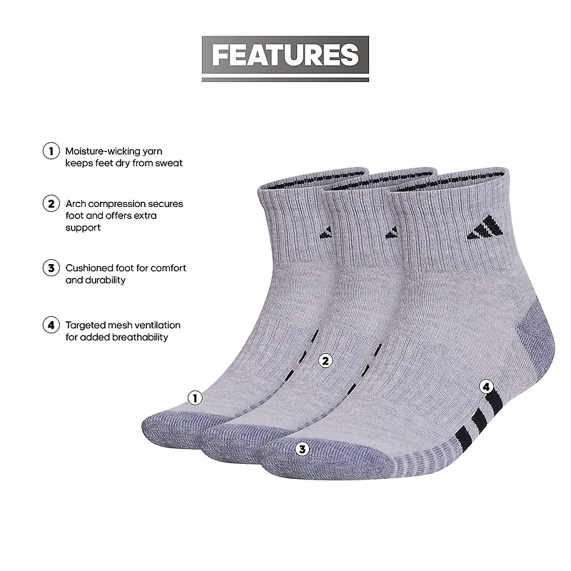 adidas Cushioned Mens 3 Pair Quarter Ankle Socks