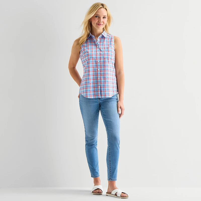 St. John's Bay Womens Sleeveless Regular Fit Button-Down Shirt