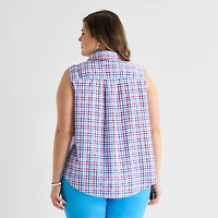 St. John's Bay Womens Plus Sleeveless Classic Fit Button-Down Shirt
