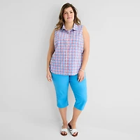St. John's Bay Womens Plus Sleeveless Classic Fit Button-Down Shirt