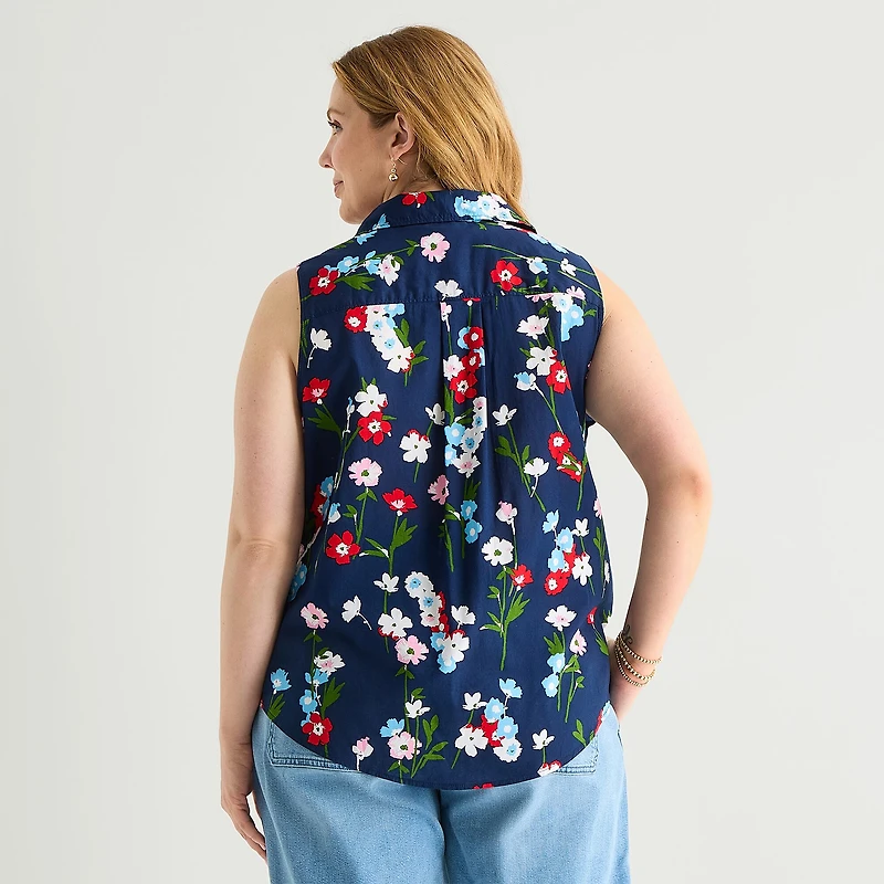 St. John's Bay Womens Plus Sleeveless Classic Fit Button-Down Shirt