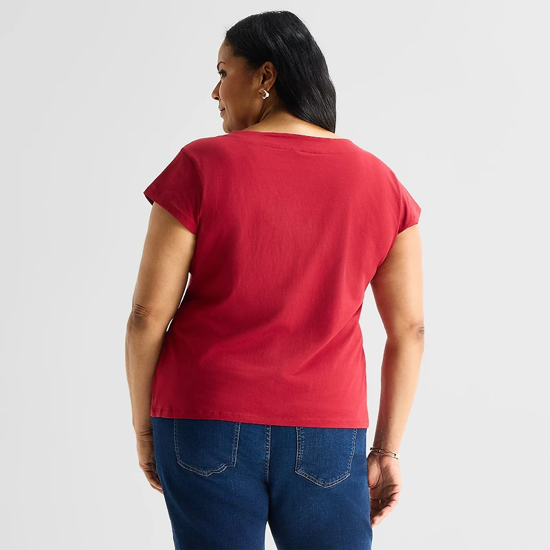 Liz Claiborne Womens Plus Boat Neck Short Sleeve Blouse