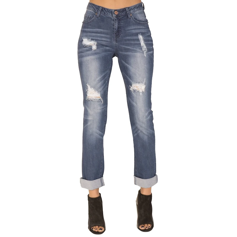 Poetic Justice Chanelle Womens Mid Rise Ripped Stretch Fabric Curvy Fit Slim Fit Boyfriend Jean