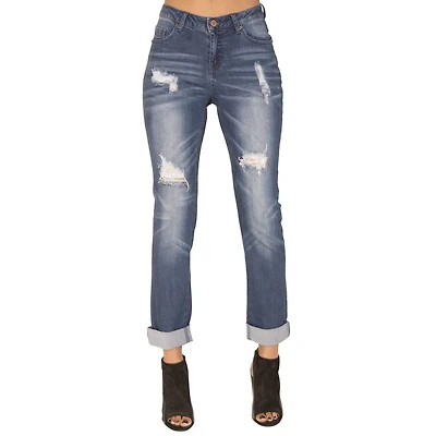 Poetic Justice Chanelle Womens Mid Rise Ripped Stretch Fabric Curvy Fit Slim Fit Boyfriend Jean