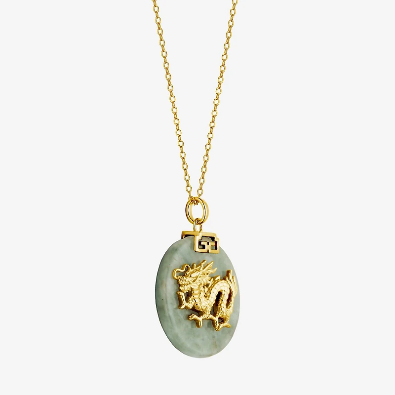 Dragon Womens Genuine Green Jade 18K Gold Over Silver 18 Inch Pendant Necklace