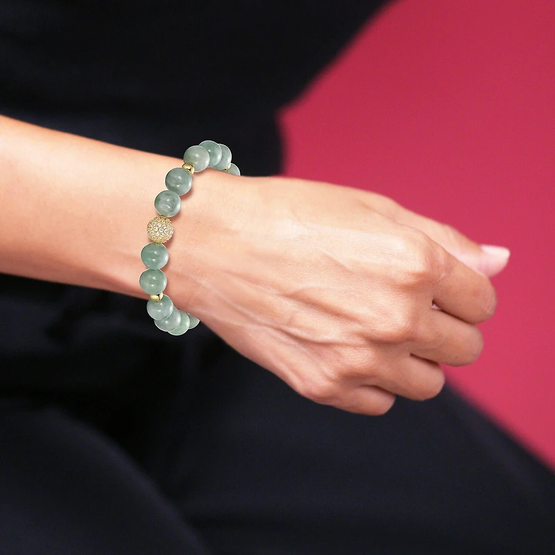 Womens Genuine Green Jade 18K Gold Over Silver Beaded Bracelet