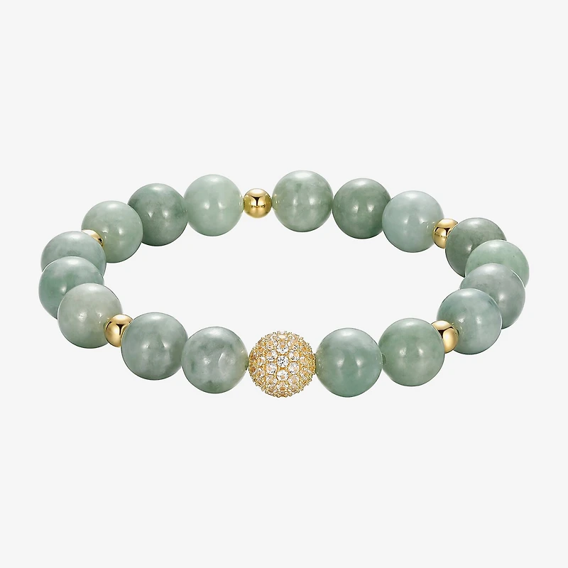 Womens Genuine Green Jade 18K Gold Over Silver Beaded Bracelet