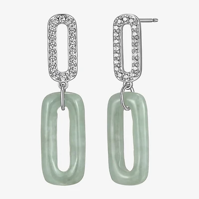 Womens Genuine Green Jade Sterling Silver Paperclip Drop Earrings
