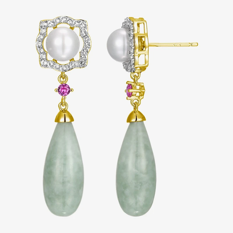 Womens Genuine Green Jade 18K Gold Over Silver Drop Earrings