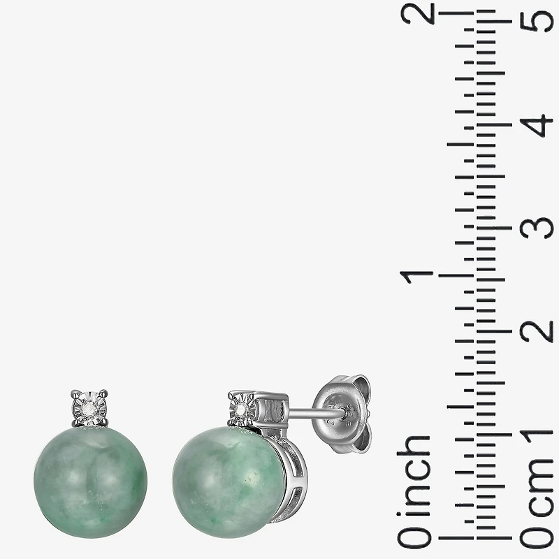 Diamond Accent Genuine Green Jade Sterling Silver 10.3mm Stud Earrings