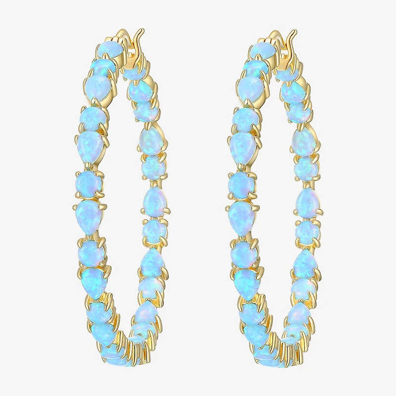 Womens Lab Created White Opal 18K Gold Over Silver 38.5mm Hoop Earrings