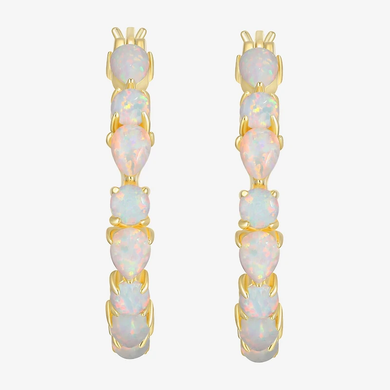Womens Lab Created White Opal 18K Gold Over Silver 25.4mm Hoop Earrings