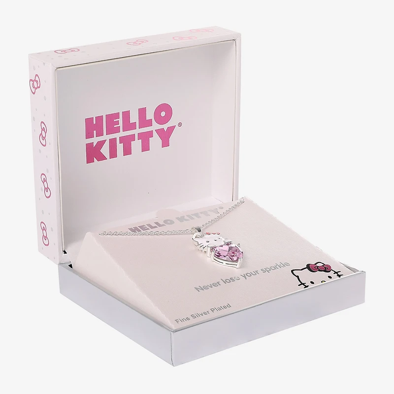 Hello Kitty Womens Pink Glass Pure Silver Over Brass Heart 16 Inch Pendant Necklace