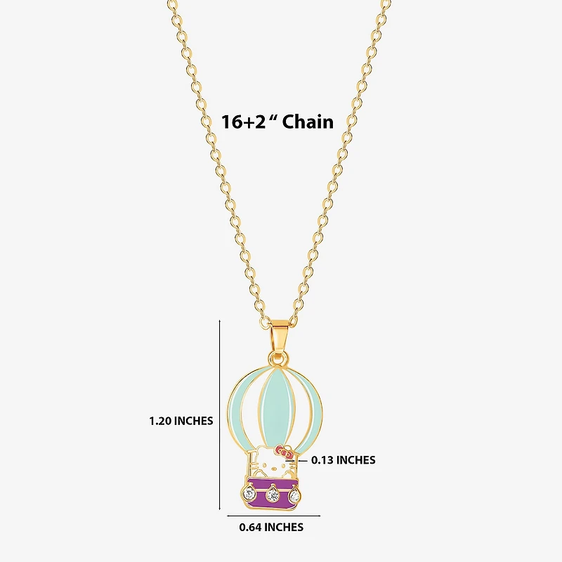 Hello Kitty Hot Air Balloon Womens Crystal 18K Gold Over Brass 16 Inch Pendant Necklace