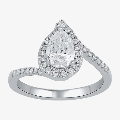(G / I1) Womens 1 1/4 CT. T.W. Lab Grown White Diamond 14K Gold Pear Bypass Halo Engagement Ring