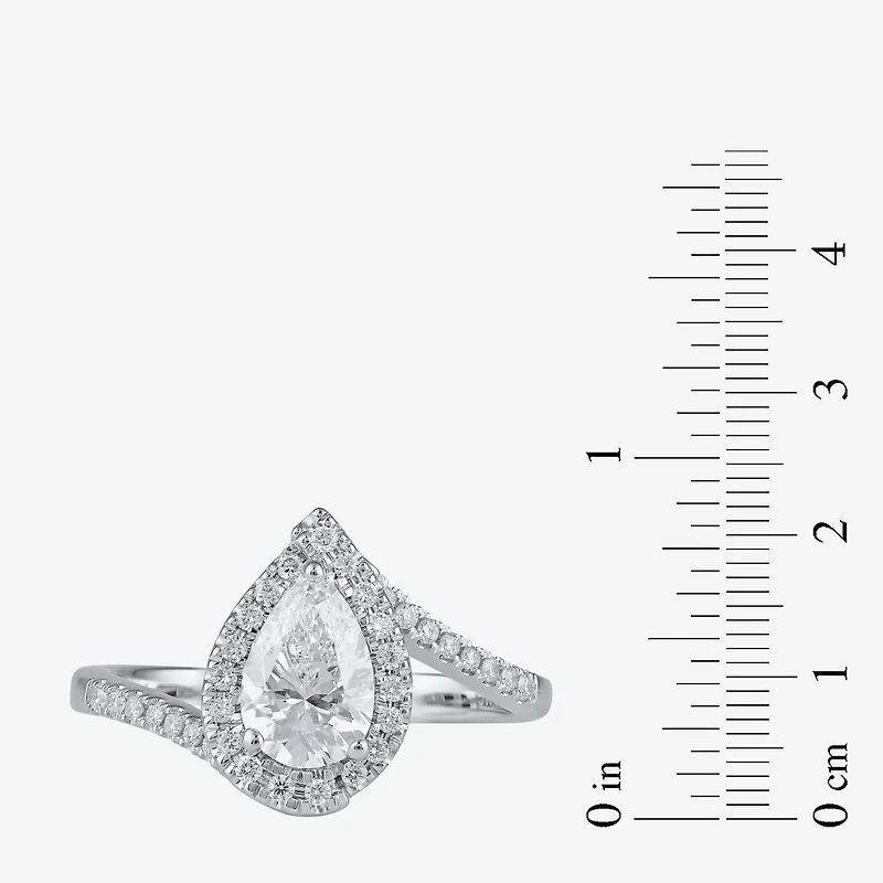 (G / I1) Womens 1 1/4 CT. T.W. Lab Grown White Diamond 14K Gold Pear Bypass  Halo Engagement Ring