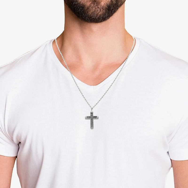 Mens Cubic Zirconia Sterling Silver Cross 24 Inch Pendant Necklace