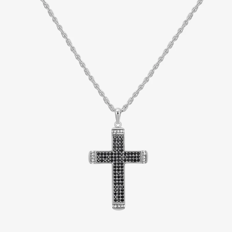 Mens Cubic Zirconia Sterling Silver Cross 24 Inch Pendant Necklace