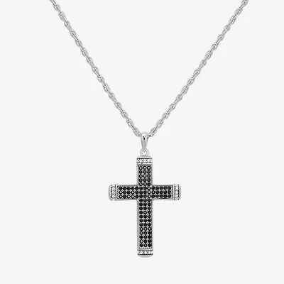 Mens Black Cubic Zirconia Sterling Silver Cross 24 Inch Pendant Necklace