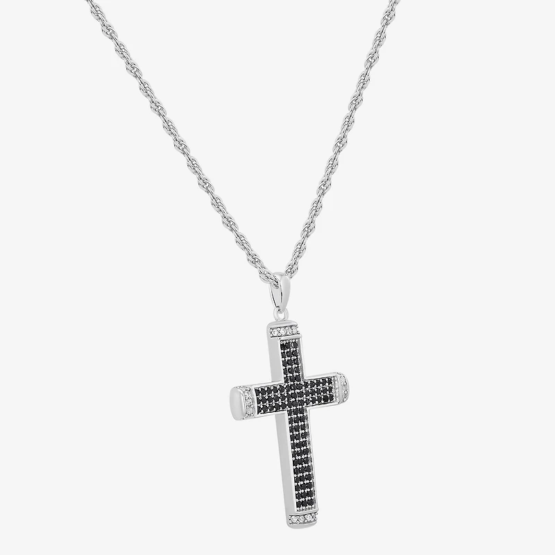 Mens Cubic Zirconia Sterling Silver Cross 24 Inch Pendant Necklace