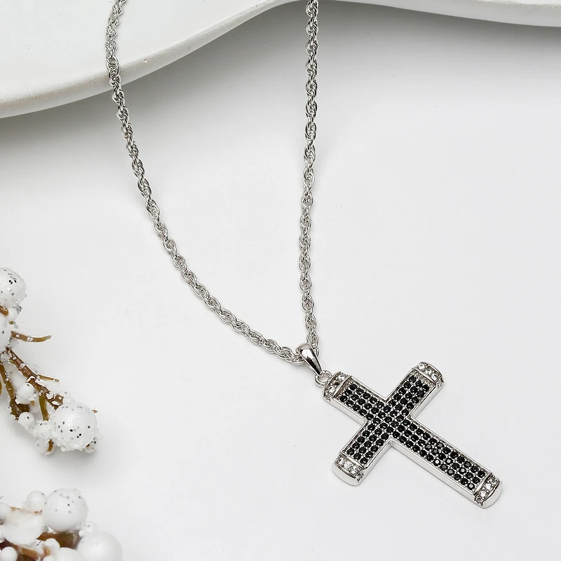 Mens Cubic Zirconia Sterling Silver Cross 24 Inch Pendant Necklace