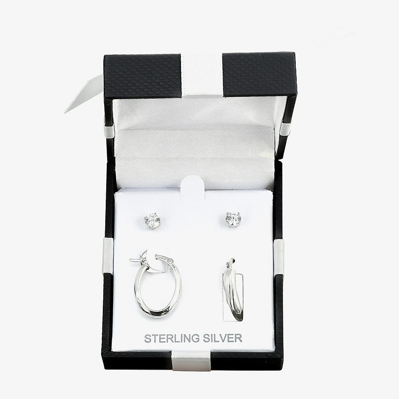 Womens Cubic Zirconia Sterling Silver Oval 2 Pair Earring Set