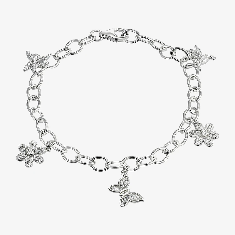 Diamonart Womens Cubic Zirconia Sterling Silver Butterfly Flower Charm Bracelet