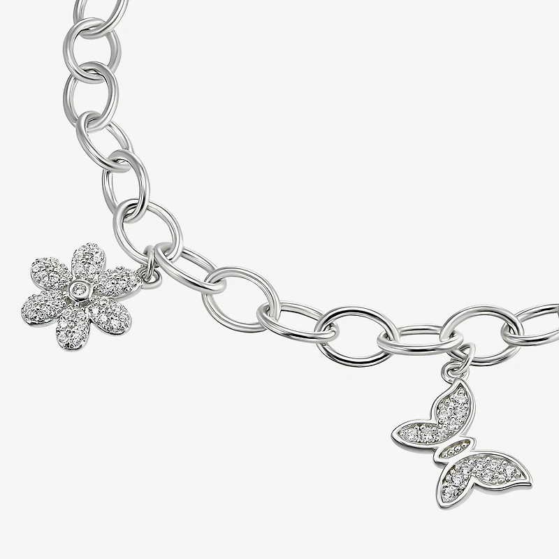 Diamonart Womens Cubic Zirconia Sterling Silver Butterfly Flower Charm Bracelet