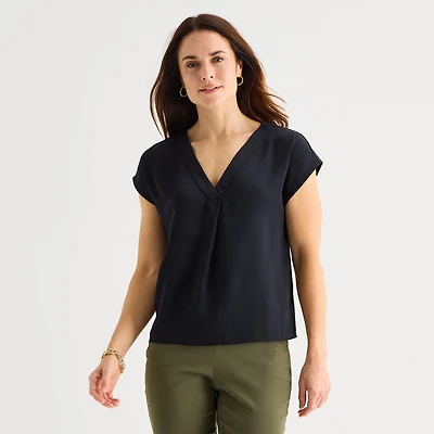 Liz Claiborne Womens Tall V Neck Short Sleeve Satin Blouse