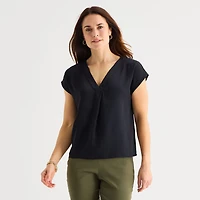 Liz Claiborne Womens Tall V Neck Short Sleeve Satin Blouse