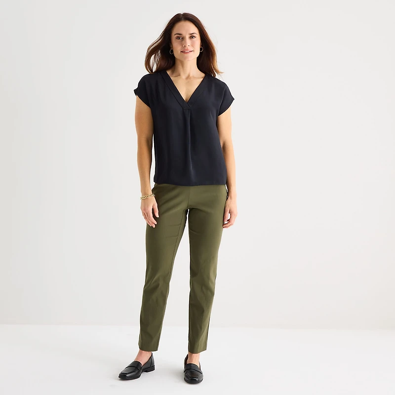 Liz Claiborne Womens Tall V Neck Short Sleeve Satin Blouse