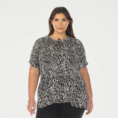 White Mark Printed Womens Plus Split Tie Neck Short Sleeve Peplum Top