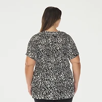 White Mark Printed Womens Plus Split Tie Neck Short Sleeve Peplum Top