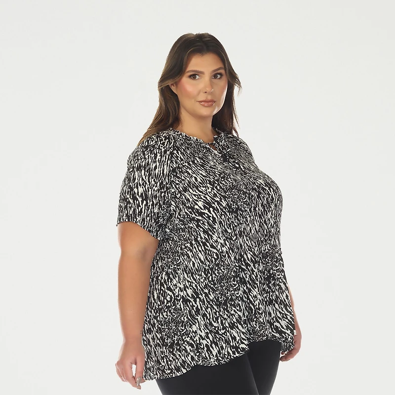 White Mark Printed Womens Plus Split Tie Neck Short Sleeve Peplum Top