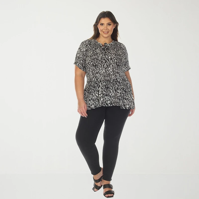 White Mark Printed Womens Plus Split Tie Neck Short Sleeve Peplum Top