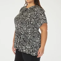 White Mark Printed Womens Plus Split Tie Neck Short Sleeve Peplum Top