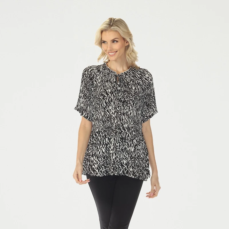 White Mark Printed Womens Split Tie Neck Short Sleeve Peplum Top