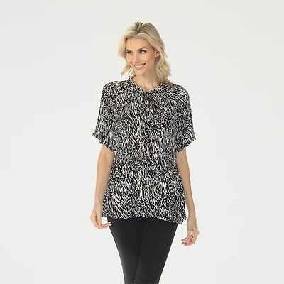 White Mark Printed Womens Split Tie Neck Short Sleeve Peplum Top